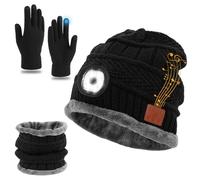 QKTYB LED Bluetooth Beanie Hat with Scarf & Touchscreen Gloves Set, Unisex Knitted USB Rechargeable Lighted Beanie Music Headset Hat Winter Warm Knit Fleece Lined Hat for Men Women Christmas New Year
