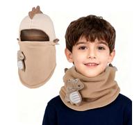 QKURT 1PCS Toddler Winter Dinosaur Balaclava, Children Thermal Windproof Hat Warm Knit Cap Scarf Kids Winter Knitted Beanie Hat Snood Neck Warmer Knitted Balaclava Beanie Aged 3-8 Beige