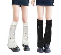 QKURT 2 Pairs Ladies Leg Warmers Winter White Black Leg Warmers Knitted Distressed Ankle Warmers Knee High Stockings for Women Girls