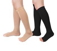 QKURT 2 Pairs Medical Compression Socks High Stretch Open Toe Calf Socks 15-20 mmhg Compression Sports Health Socks for Women Men