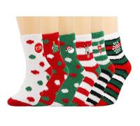 QKURT 3 Pairs Christmas Fluffy Socks, Santa Fuzzy Socks Cosy Sleep Socks Thick Winter Slipper Socks for Girls Women