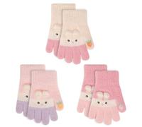 QKURT 3 Pairs Kids Warm Magic Gloves, Children Soft Thermal Gloves Elastic Full Finger Mittens Girls Winter Fleece Mittens Colorful Cozy Knitted Glove with Rabbit Pattern for Daily Warmth, Age 4-10