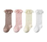 QKURT 5 Pairs Baby Girls Socks, Knee High Sock Lace Cotton Stockings Long Uniform Thin Mesh Summer Socks for Toddler Kids 6 Months-3 Years
