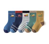 QKURT 5 Pairs Boys Socks, Kids Cotton Socks Sport Ankle Athletic Socks Crew Socks Dinosaur Car Socks for Infants Toddlers Kids Ages 6 Months-6 Years