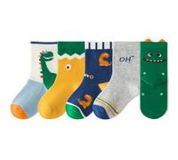 QKURT 5 Pairs Boys Socks, Kids Cotton Socks Sport Ankle Athletic Socks Crew Socks Dinosaur Car Socks for Infants Toddlers Kids Ages 6 Months-6 Years