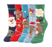 QKURT 5 Pairs Christmas Fluffy Socks, XMAS Coral Fleece Fuzzy Bed Socks for Home Winter Warm Soft Comfy Thicken Cozy Slippers for Girls Ladies Adult