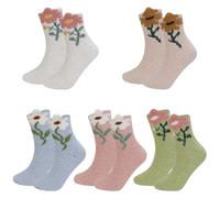 QKURT 5 Pairs Fluffy Socks for Women, Winter Warm Cozy Coral Fleece Socks with Flower Pattern, Soft Fuzzy Socks Home Sleeping Slipper Socks Christmas Stocking Stuffers for Ladies Girls