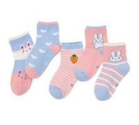 QKURT 5 Pairs Girls Socks School Soft Cotton Socks, Mid Cut Ankle Crew Sock Casual Short Sock Adorable Rabbit Pattern for Baby Girls Toddlers Kids Ages 1-8