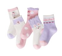 QKURT 5 Pairs Girls Socks Toddler Socks Mid Cut Crew Socks Soft Cotton Sock with Cute Rabbit Pattern, School Casual Ankle Sock for 1-8 Years Baby Girls Kids
