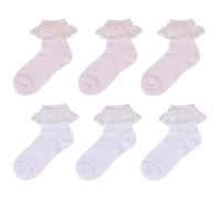 QKURT 6 Pairs Baby Girls Frilly Ankle Socks, Children's Multicolor Dance Cotton Laces Sock Girls White Ballet Ruffle Laces Socks Kids Lace Dance Stockings Little Ladies Lace Ballet Sock 1-9 Years