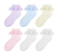QKURT 6 Pairs Girls Frilly Ankle Socks, Baby Girls Children's Dance Cotton Laces Sock Kids White Ballet Ruffle Laces Socks Multicolor Lace Ballet Sock Little Ladies Lace Dance Stockings 1-9 Years