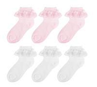 QKURT 6 Pairs Girls Frilly Ankle Socks, Baby Girls Children's Dance Cotton Laces Sock Kids White Ballet Ruffle Laces Socks Multicolor Lace Ballet Sock Little Ladies Lace Dance Stockings 1-9 Years