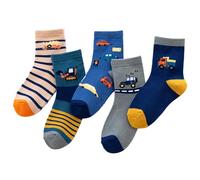 QKURT Boys Socks, 5 Pairs Cute Cartoon Mid-Calf Breathable Cotton Socks, Athletic Socks for Infants Toddlers Kids Ages 1-8, Blue