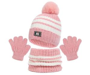 QKURT Children Beanie Hat Neck Warmer Glove Set, Kids Winter Warm Knitted Set Stripe Thermal Cap with Pom Hairball Neck Warmer Gloves Soft Hat Scarf Mitten