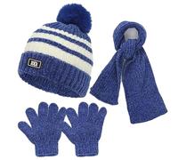 QKURT Children Beanie Hat Scarf Glove Set, Kids Winter Warm Knitted Set Stripe Thermal Cap with Pom Hairball Neck Warmer Gloves Soft Hat Scarf Mitten for 5-12 Years Old