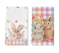 QKURT Easter Kitchen Towels Dish Towels for Kitchen Decor Set of 2, Easter Decorations Stripe Eggs Floral Bunny Plaid Seasonal Washcloths