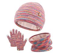 QKURT Kids Beanie Hat Scarf Glove Set, Children Winter Thermal Cap Neck Warmer Touch Screen Gloves Soft Warm Hat Scarf Mitten Colorful for 5-10 Years Old