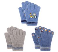 QKURT Kids Magic Gloves, 3 Pairs Children's Cold Weather Gloves Stretch Full Finger Glove Unisex Elastic Glove Winter Thermal Mittens Warm Knitted Mitten Stripe Excavator for Boys Girls 2-5 Years