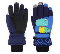 QKURT Kids Ski Gloves, Winter Waterproof Snow Gloves Mittens Dinosaur Pattern Ski Skate Gloves Children Cold Weather Outdoor Sports Gloves for Girls Boys Age 2~13 Sledding Snowboard Skiing