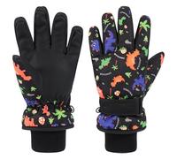 QKURT Kids Ski Gloves with Dinosaur Pattern, Children Anti Slip PU Winter Warm Gloves Sledding Snowboard Skating Mitten Cycling Running Thermal Glove Windproof Cold Weather Mitten Snow Glove Age 4-9
