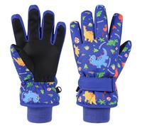 QKURT Kids Ski Gloves with Dinosaur Pattern, Children Anti Slip PU Winter Warm Gloves Sledding Snowboard Skating Mitten Cycling Running Thermal Glove Windproof Cold Weather Mitten Snow Glove Age 4-9