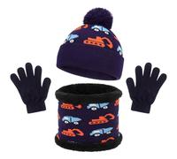 QKURT Kids Winter Hat Scarf Gloves Set Car Pattern, Children Warm Comfy Knitted Beanie Hat Snood Neck Warmer Magic Gloves Toddler Soft Fleece Lining Thermal Cap Scarf Mitten for 3-8 Boys Girls