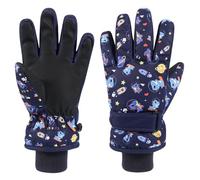 QKURT Kids Winter Ski Gloves with Space Dinosaur Pattern, Children Anti Slip PU Warm Gloves Sledding Snowboard Glove Skating Cycling Running Mitten Thermal Windproof Cold Weather Snow Glove Age 4-9