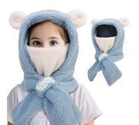 QKURT Kids Winter Thermal Fleece Balaclava, Novelty Bear Face Cover Mask Children's Windproof Warm Fleece Hat Cap Hood Neck Warmer Scarf for 2-6 Years Boys Girls Blue