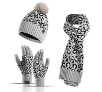 QKURT Women's Beanie Gloves Scarf Set, Winter Thermal Pom Pom Hats Mittens Neck Scarf Set for Ladies Girls Outdoor Wearing