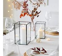 QL Hurricane Candle Holders, Set of 2PCS Large Glass Candle Holder, Transparent Tempered Glass Hurricane Candle Holder with 2 Size (Glossy Black Finshed Border)