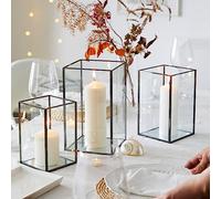 QL Hurricane Candle Holders, Set of 3 PCS Large Glass Candle Holder, Transparent Tempered Glass Hurricane Candle Holder with 3 Size (Glossy Black Finshed Border)
