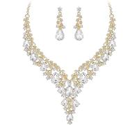 Qlavoca Bridal Bridesmaid Austrian Crystal Jewelry Set, Floarl rhinestone Statement Neckace Teardrop Necklace Drop Dangle Earrings Set, Zinc, Crystal