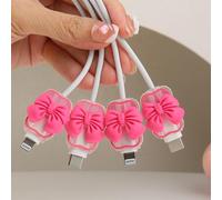 QLD COVER 4pcs Cable Connection Protector, Cute 3D Bow Tie Waves Design for Apple Lightning/Type-C Data Line Head Cord Savers Wire Protection Cover Anti-break Charger Cables Sleeves, Rose Bow