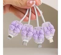 QLD COVER 4pcs Cable Connection Protector, Cute 3D Bow Tie Waves Design for Apple Lightning/Type-C Data Line Head Cord Savers Wire Protection Cover Anti-break Charger Cables Sleeves, Purple Bow