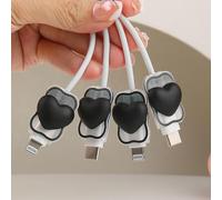 QLD COVER 4pcs Cable Connection Protector, Lovely 3D Love Heart Waves Design for Apple Lightning/Type-C Data Line Head Cord Savers Wire Protection Cover Anti-break Charger Cables Sleeves, Black Love