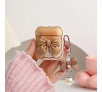 QLD COVER Compatible with Apple AirPods 2nd 1st Generation Case Cover, Cute 3D Bow Tie Design Shockproof Soft Clear TPU Kawaii Airpods 1/2 Protector with Keychain for Women Girls, Brown Bow