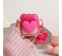 QLD COVER Compatible with Apple AirPods 2nd 1st Generation Case Cover, Lovely 3D Love Heart Waves Design Shockproof Soft Clear TPU Airpods 1/2 Protector with Keychain for Women Girls, Rose Love