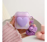 QLD COVER Compatible with Apple AirPods 2nd 1st Generation Case Cover, Lovely 3D Love Heart Waves Design Shockproof Soft Clear TPU Airpods 1/2 Protector with Keychain for Women Girls, Purple Love