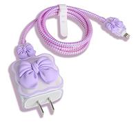QLD COVER Compatible with iPhone 18W/20W USB-C Charger Cover Cute 3D Bow Tie Design Clear Soft Charger Protector Kawaii Cable Saver for iPhone 11 12 13 14 Pro Max Fast Power Adapter, Purple 2 (5in1)