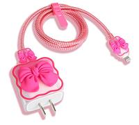 QLD COVER iPhone/iPad 18W/20W USB-C Charger Cover Cute 3D Bow Tie Design Clear Soft Charger Protector Kawaii Cable Saver for iPhone 11 12 13 14 Pro Max Fast Power Adapter, Bow Rose (5 in 1)