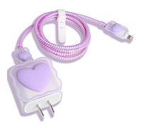 QLD COVER iPhone/iPad 18W/20W USB-C Charger Cover Lovely 3D Love Heart Waves Design Clear Soft Charger Protector Cute Cable Saver for iPhone 11 12 13 14 Pro Max Fast Power Adapter, Love Purple(5 in 1)