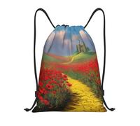 QLDETUPWLX Drawstring Backpack Poppies Field Yellow Brick Road Drawstring Bags Sports Sackpack Gym Cinch Sack for Women Men