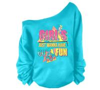 QLIPIN 80s 90s Outfits for Women 80's Theme Party Long Sleeve Shirt 90s Off the Shoulder Sweatshirt Retro Neon Disco Pullover, Blue-80s, M