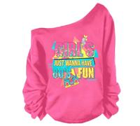 QLIPIN 80s 90s Outfits for Women 80's Theme Party Long Sleeve Shirt 90s Off the Shoulder Sweatshirt Retro Neon Disco Pullover