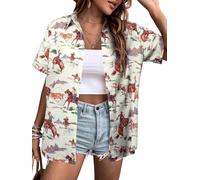 QLIPIN Western Button Up Shirts Women: Retro Cowgirl Shirt Rodeo Tops Hawaiian Summer Vacation Short Sleeve Top Blouses, Apricot, XXL