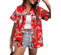 QLIPIN Western Button Up Shirts Women: Retro Cowgirl Shirt Rodeo Tops Hawaiian Summer Vacation Short Sleeve Top Blouses, Red, XL