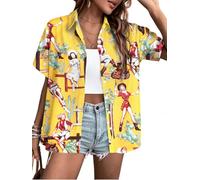 QLIPIN Western Button Up Shirts Women: Retro Cowgirl Shirt Rodeo Tops Hawaiian Summer Vacation Short Sleeve Top Blouses, Yellow, XL