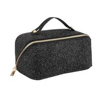 QLoztyse Large Capacity Travel Cosmetic Bag - Lay Flat Makeup Bag with Handle and Compartment Large Opening Glitter Cosmetics Organizer for Girl, Black, L, Fashion