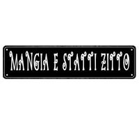QLQKHJH Mangia E Statti Zitto Farmhouse Style Decorative Fun Tin Sign With Quote Wooden Saying Sign 16x4 Inch