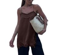 QLQLWDD Women Lace Trim Satin Cami Tops V Neck Silk Asymmetrical Camisole Top Lace Patchwork Coquette Going Out Tops Streetwear (d Dark Brown, L)